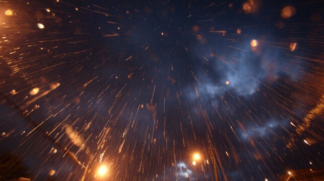A dramatic night scene depicting rain or spray illuminated by streetlights, creating an atmospheric effect with streaks of light and dark clouds. - Powered by Adobe