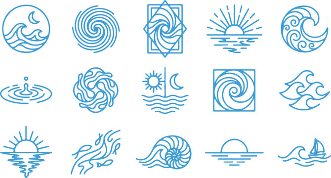 Water icon vector set with wave sun moon spiral ripple boat shell line art symbols