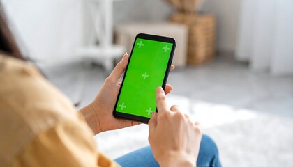 Close-up of a person holding a smartphone with a green screen