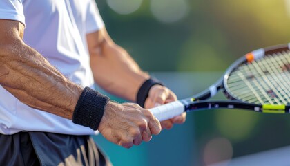 Close-up of a tennis player holding a racket on the court, ready for action.