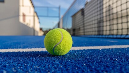 Bright yellow tennis ball resting on a vibrant blue padel court surface under clear skies.