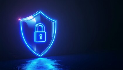 Cybersecurity Shield with Padlock Icon in Blue Neon Light on Dark Background.