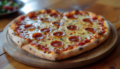 Delicious Heart-Shaped Pepperoni Pizza on a Wooden Board.