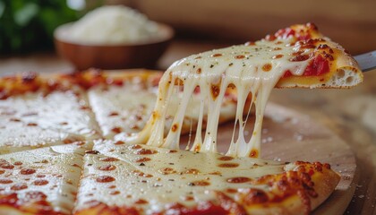 Delicious homemade pizza with melted cheese being lifted, showcasing a perfect cheese pull and golden crust, ready to be enjoyed.