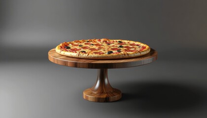 Delicious pizza on a wooden stand against a gray background.