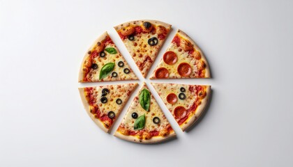 Delicious Pizza Slices Arranged in a Circle on a White Background.