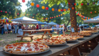Delicious Pizza Spread at an Outdoor Festival with Festive Decorations.