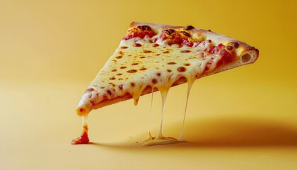 Delicious Slice of Cheese Pizza with Melted Cheese Dripping on a Yellow Background.