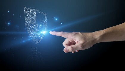 Hand touching digital padlock, symbolizing cybersecurity and data protection.