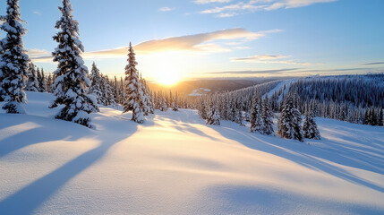 Snowy pine forest sunrise with soft golden light and long shadows