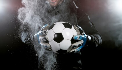 Intense Goalkeeper Catches Soccer Ball Amidst Dramatic Smoke.