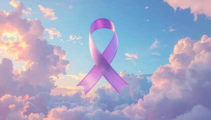Purple Awareness Ribbon Floating in a Dreamy Sky with Soft Clouds.