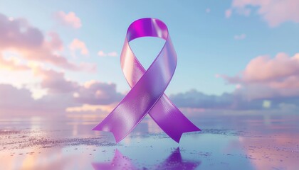 Purple Ribbon Symbolizing Awareness and Support for Various Causes Against a Serene Sky.