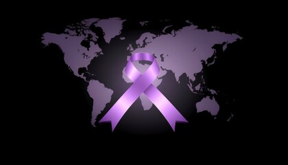 Purple Ribbon on World Map Symbolizing Global Awareness and Support.