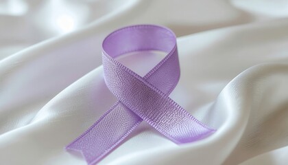 Purple Ribbon on White Silk Fabric for Awareness and Support.
