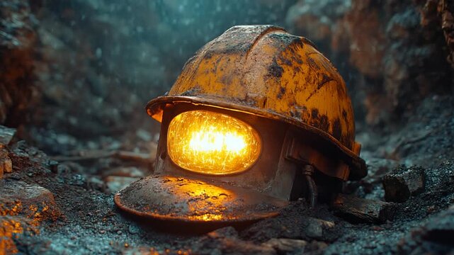Abandoned mining helmet glowing in dark cave setting