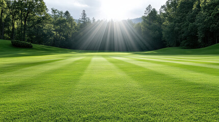 Sunlit green lawn stripes forest sunrise peaceful light rays