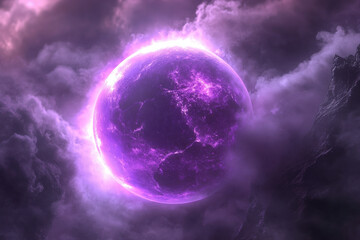 Mysterious glowing purple planet amidst dark clouds