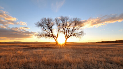 Fototapeta premium Golden sunrise between two leafless trees in grassland
