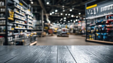 A blurred interior of a hardware store showcasing shelves filled with tools and equipment, with a wooden table in the foreground.