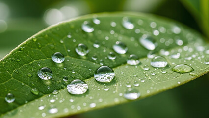 Close-up view of a vibrant green leaf covered in numerous clear water droplets after rain, showcasing nature's delicate beauty.