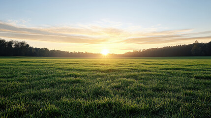 Sunrise field grass horizon calm atmospheric haze peaceful morning