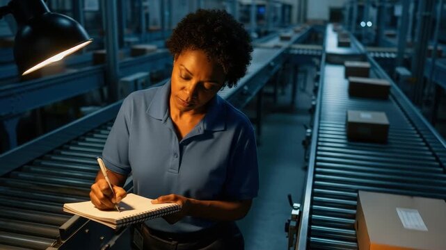 A person writes in a notebook while inspecting packages on a conveyor in a warehouse at night