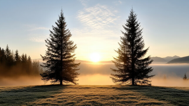 Misty sunrise pine tree meadow calm morning glow - Powered by Adobe