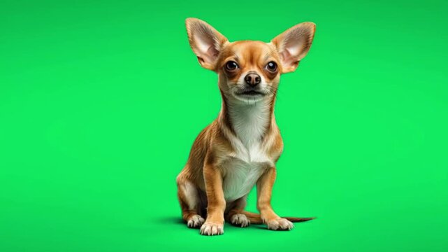 Adorable chihuahua sitting on green screen with perked up ears