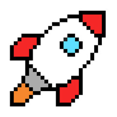 Pixel rocket vector for retro space games and 8-bit exploration interfaces. Symbolizes launch, technology, and simple pixelated sci-fi travel.