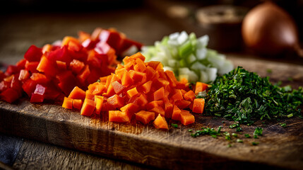 Fresh chopped vegetables prepared on a cutting board ready for cooking including bell peppers onions carrots and herbs in professional kitchen with realistic detail