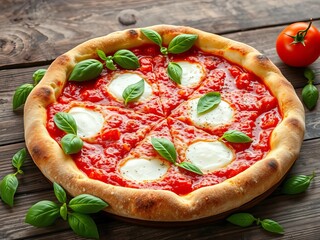 Classic Italian pizza with fresh basil, mozzarella, and tomato sauce on a rustic crust,  cuisine,  handmade