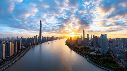 Fototapeta premium Sunrise skyline river cityscape golden light urban skyscraper waterfront vibrant