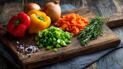 Fresh chopped vegetables prepared on a cutting board ready for cooking including bell peppers onions carrots and herbs in professional kitchen with realistic detail