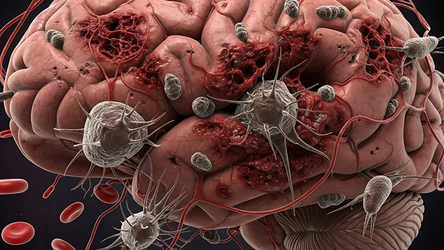 Visual concept of deadly brain-eating amoeba infection 3d illustration