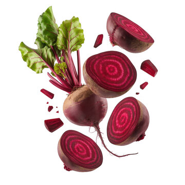 Sliced beets with green leaves floating isolated on a transparent background vegetables