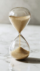 Realistic Hourglass Centered on White Marble Table with Beige Sand Flowing Smoothly Inside