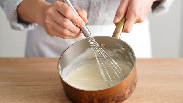 Chef Whisking Creamy B&eacute;chamel Sauce in Copper Saucepan 