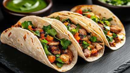 Grilled chicken tacos with cilantro, salsa, and flour tortilla served with green sauce