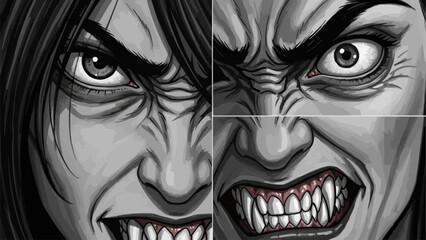 Intense close-up of a persons face with an angry expression and sharp teeth.