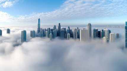 Fototapeta premium Foggy skyline with tall skyscraper emerging above morning cloud layer, serene atmosphere
