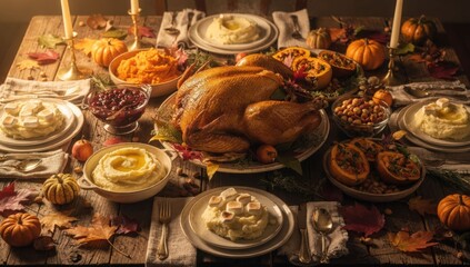 Festive autumn feast roasted turkey, various sides, warm candles