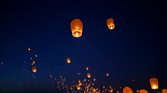 Thousands of glowing sky lanterns illuminate the dark night sky during a vibrant Chinese New Year celebration, creating a magical and memorable cultural event.