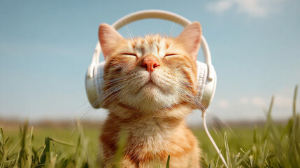 Cute Gray Tabby Cat Wearing Large White Over-Ear Headphones Enjoying Music Outdoors