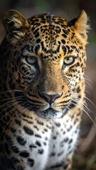 Obraz premium Focused leopard portrait with yellow eyes and spotted fur against a blurred background