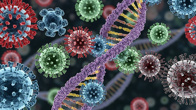 virus cells under microscope magnification intertwined with DNA cell structure 3d illustration