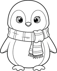 Cute Winter Penguin Illustration with Scarf – Adorable Cartoon Animal Line Art for Coloring Pages, Kids Designs, Holiday Graphics, and Winter Artwork
