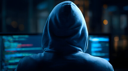 Hacker Seen from Behind Wearing Hoodie in Front of Computer Screens anonymous cybercrime isolated on a transparent background