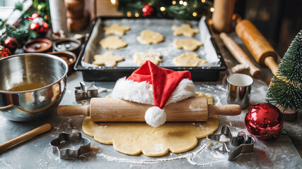 Christmas baking scene with rolling pin and cookie cutters on countertop