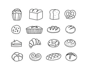 Simple black and white bakery icon set featuring various breads, pastries, and sweets drawn in a clean, minimal line-art style.